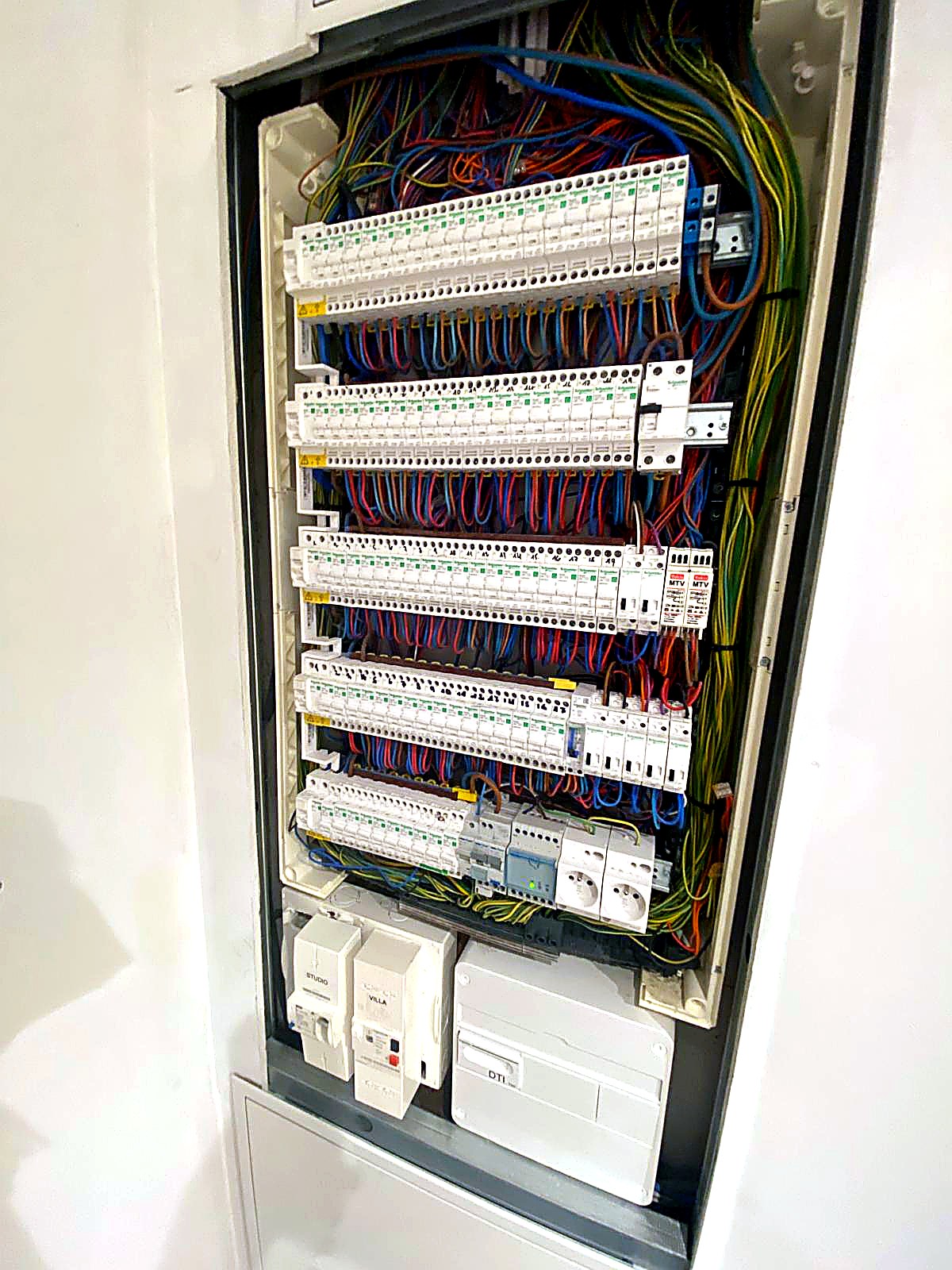 Tableau électrique ouvert lors d'une intervention de dépannage